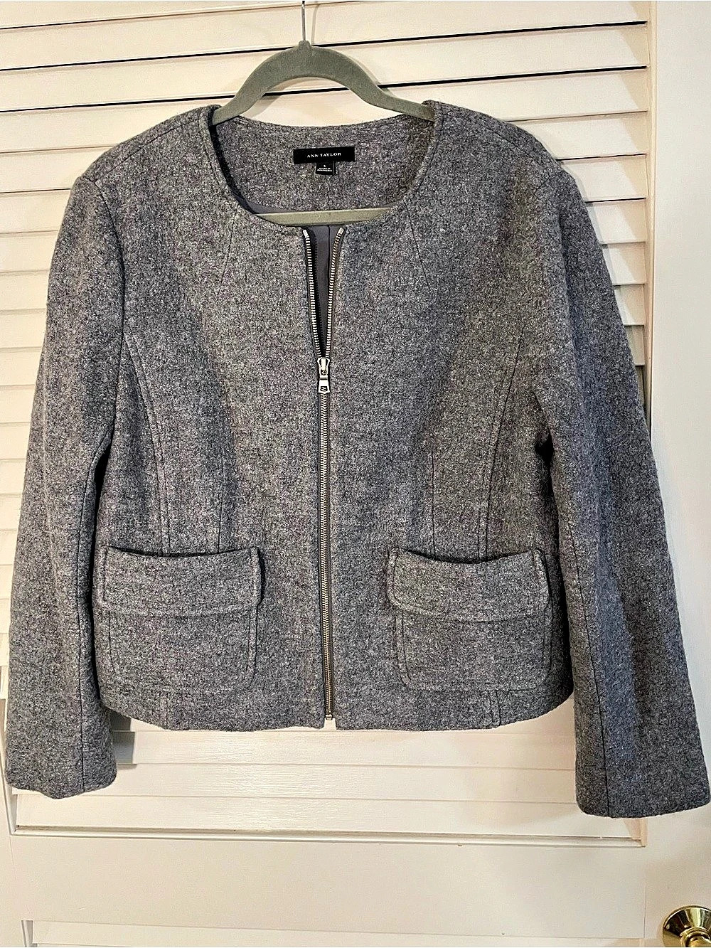 Ann Taylor Smokey Gray Boiled Wool Full Zip Front Blazer